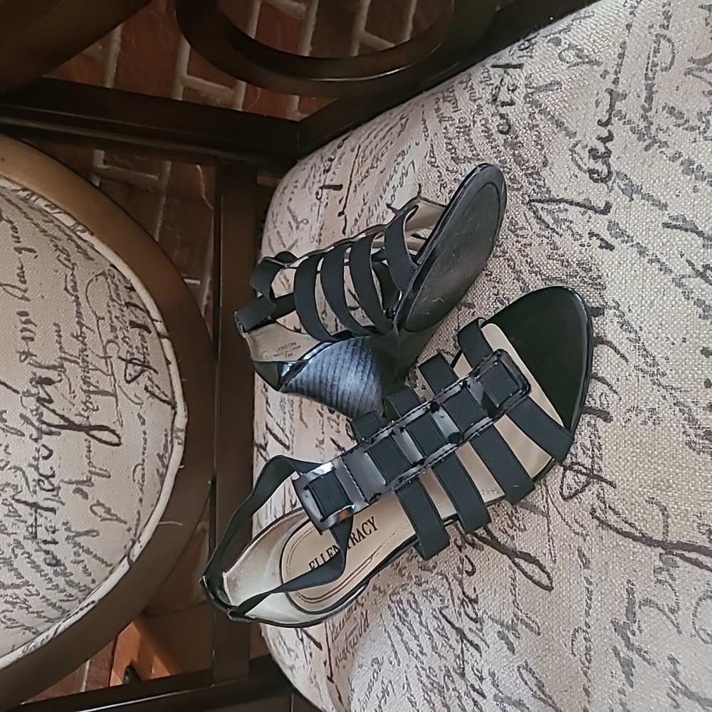 black sandal with elastic side straps, 3" wedge heel